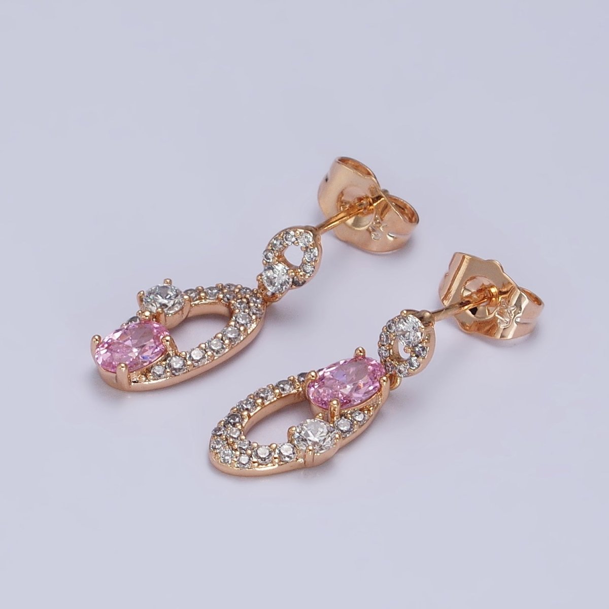 18K Gold Filled Wedding Earrings Oval Micro Pave Clear Pink cubic zirconia, Studs Earrings AB1038 AB1073 - DLUXCA