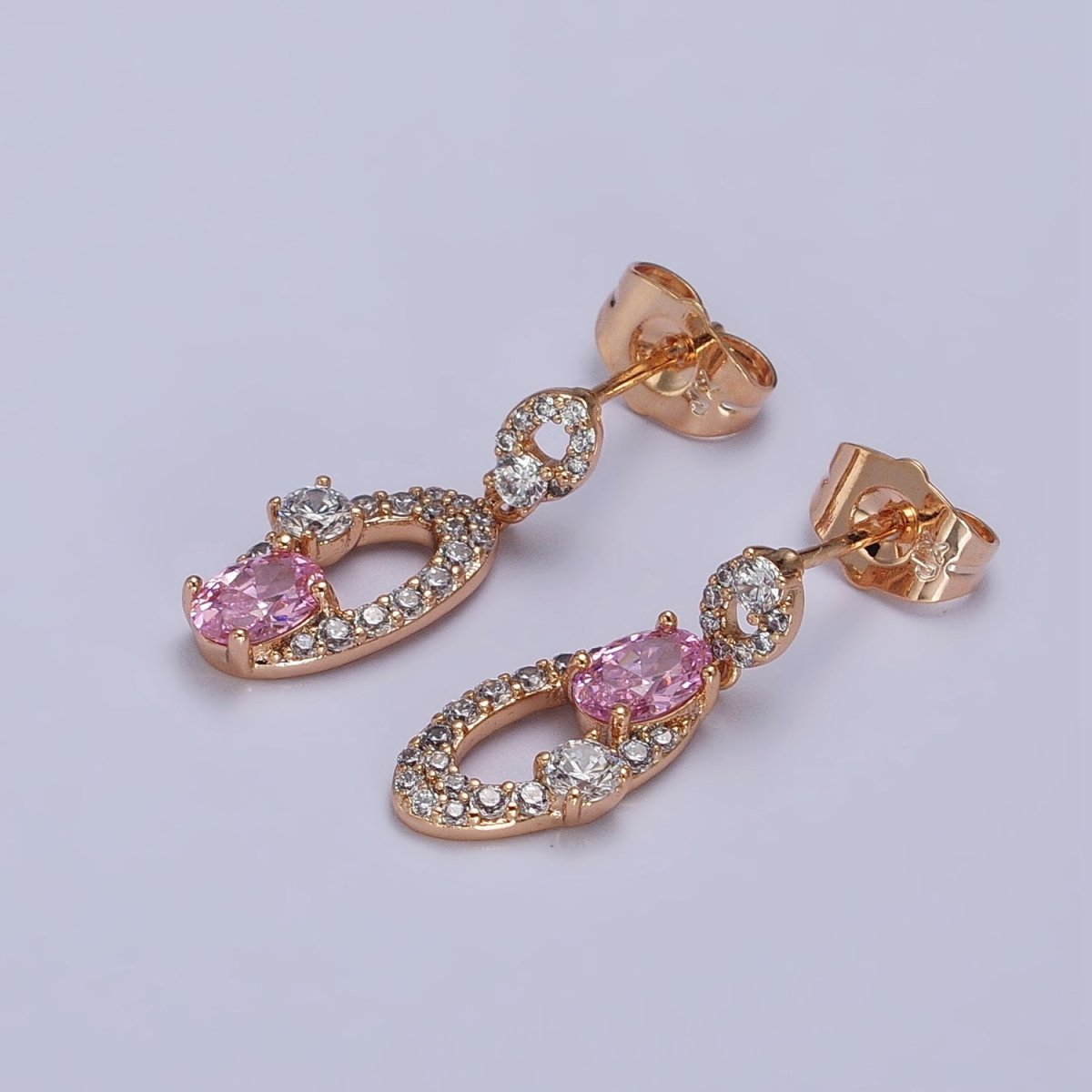 18K Gold Filled Wedding Earrings Oval Micro Pave Clear Pink cubic zirconia, Studs Earrings AB1038 AB1073 - DLUXCA