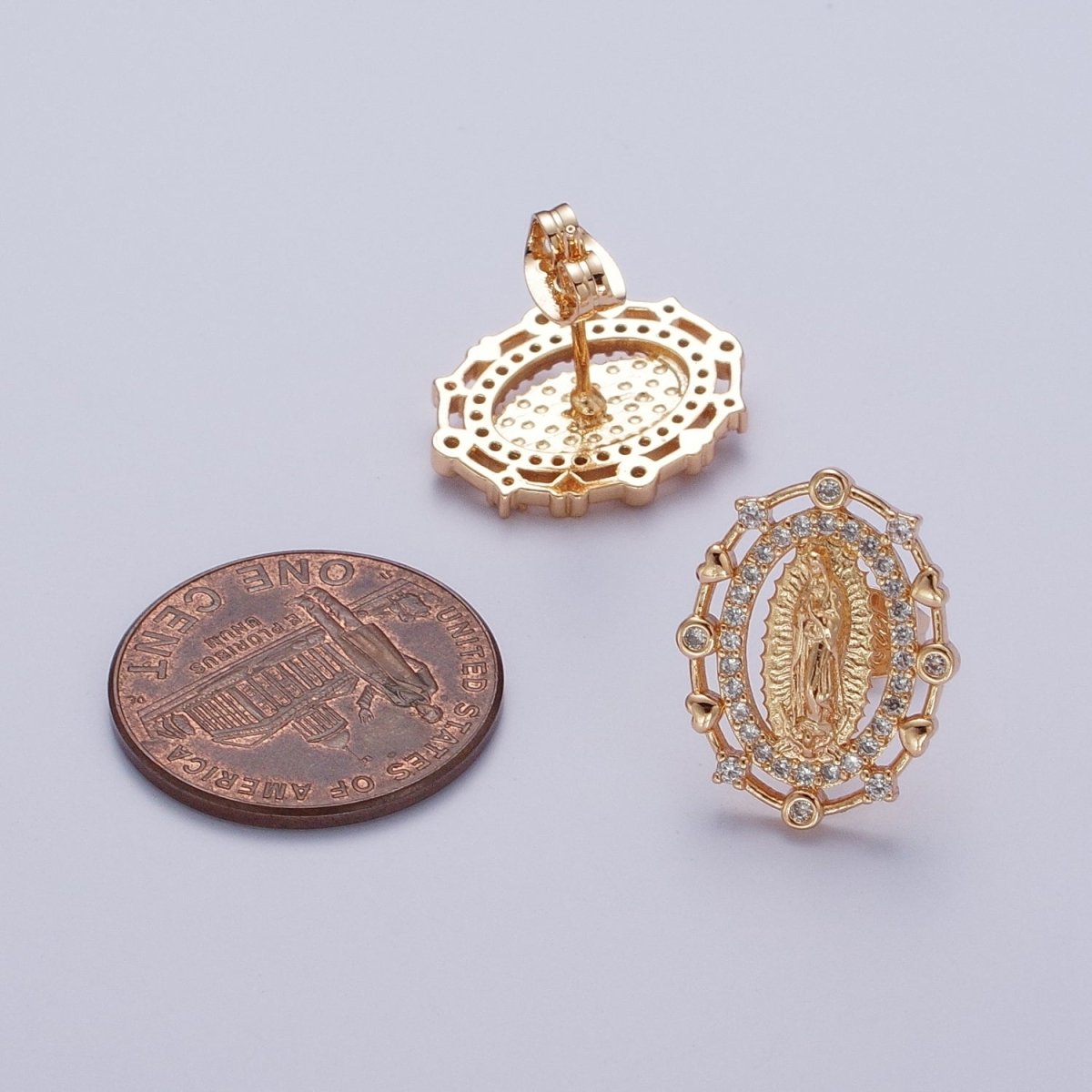 18K Gold Heart Round Micro Paved CZ Lady Guadalupe Virgin Mary Religious Stud Earrings | AE1052 - DLUXCA