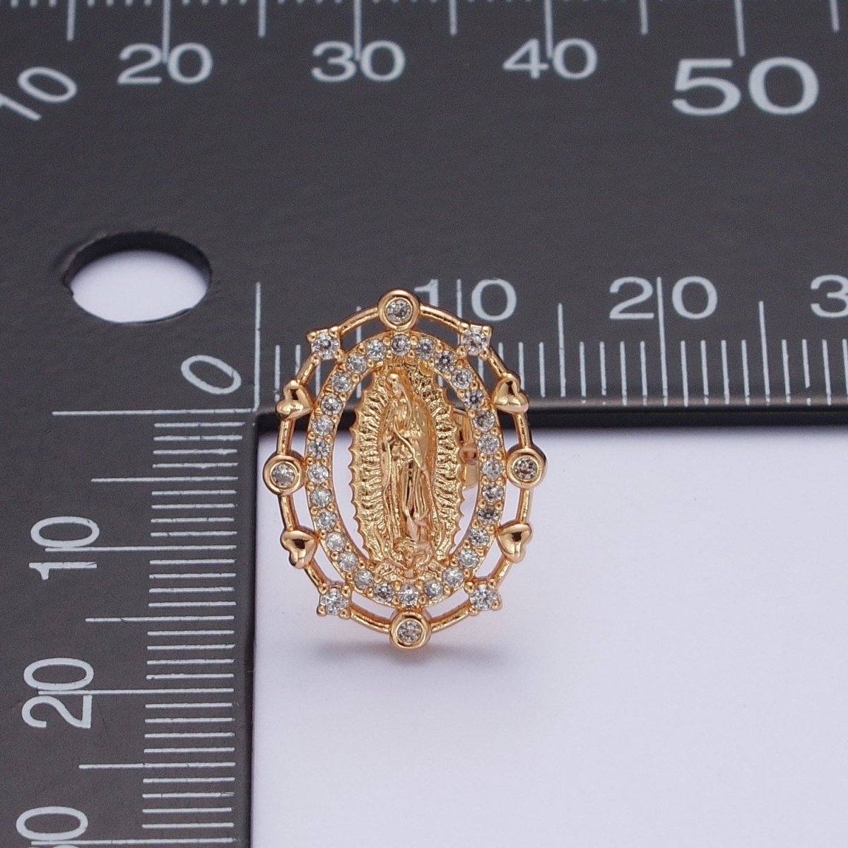 18K Gold Heart Round Micro Paved CZ Lady Guadalupe Virgin Mary Religious Stud Earrings | AE1052 - DLUXCA