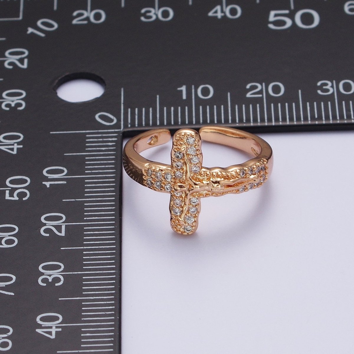 18K Gold Micro Paved CZ Crucifix Jesus Textured Geometric Religious Catholic Ring | O-1988 - DLUXCA