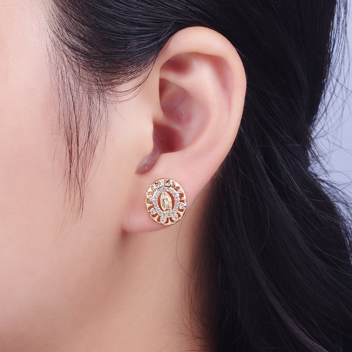 18K Gold Micro Paved CZ Lady Guadalupe Oval Medallion Religious Stud Earrings | AE-1053 - DLUXCA