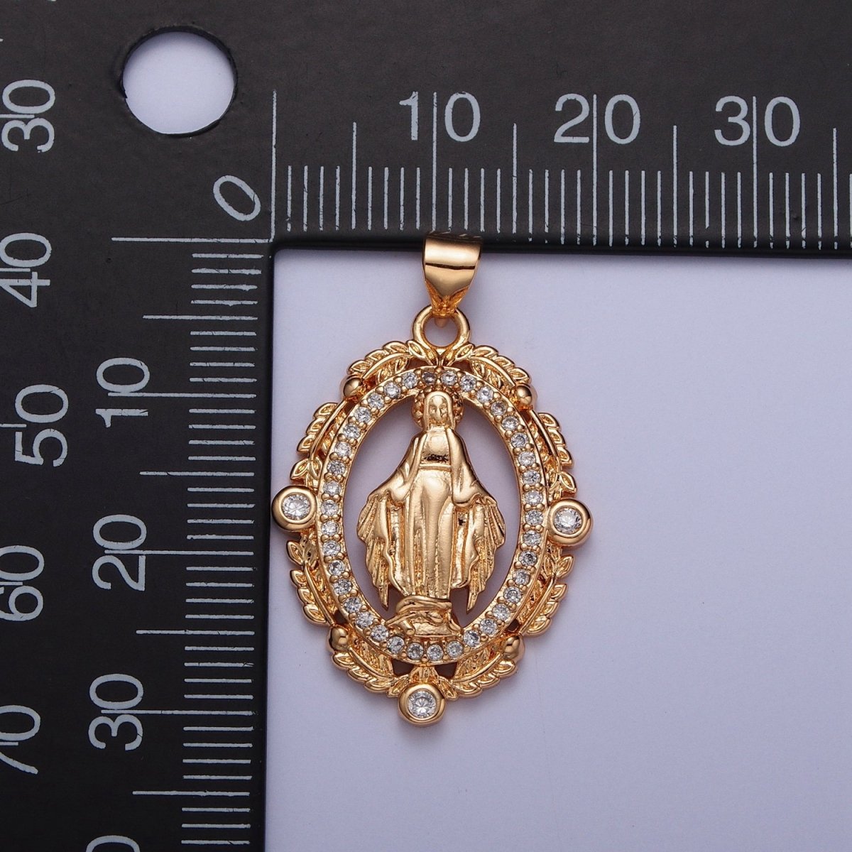18K Gold Micro Paved CZ Wreath Mother Virgin Mary Pendant For Religious Jewelry Making H-315 - DLUXCA