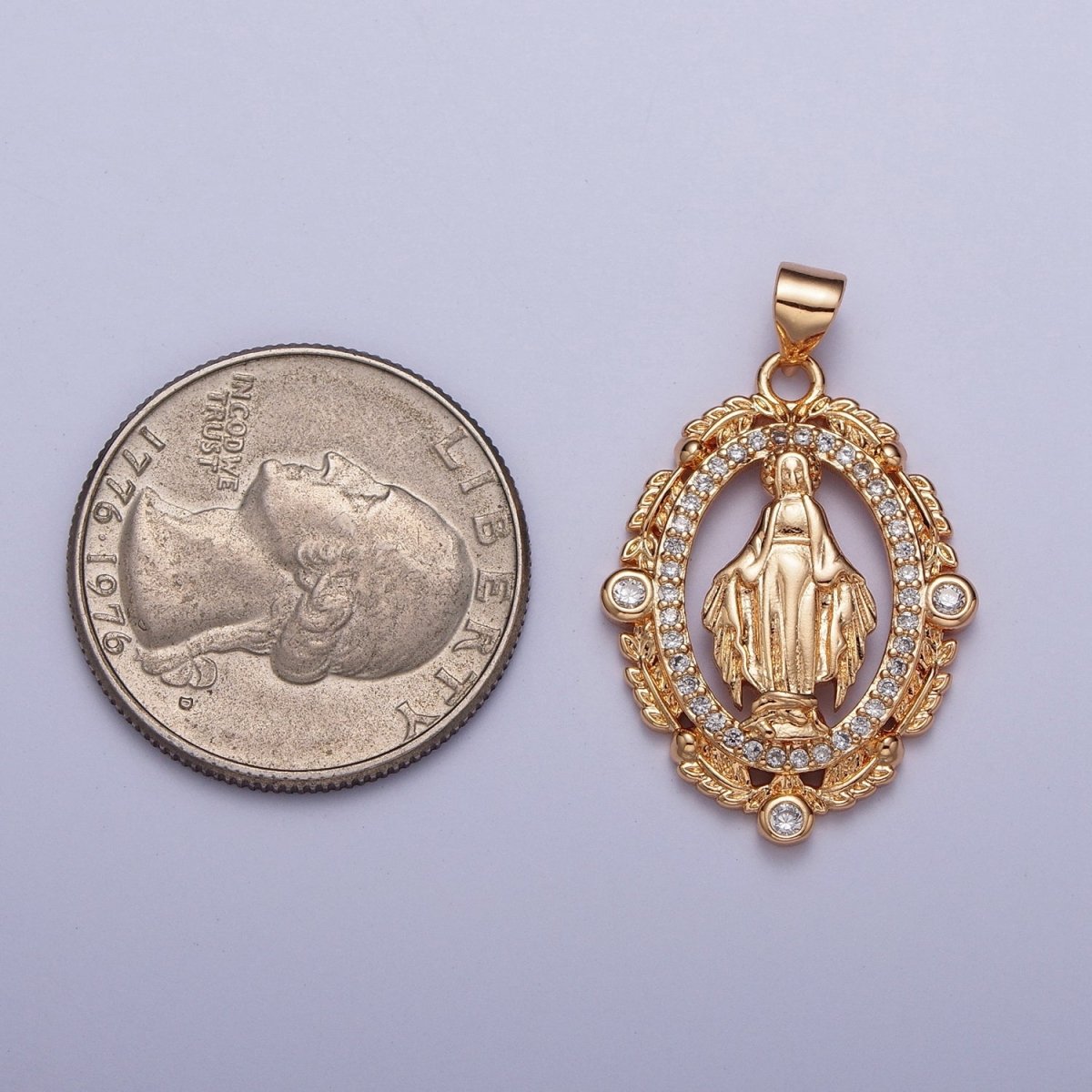 18K Gold Micro Paved CZ Wreath Mother Virgin Mary Pendant For Religious Jewelry Making H-315 - DLUXCA