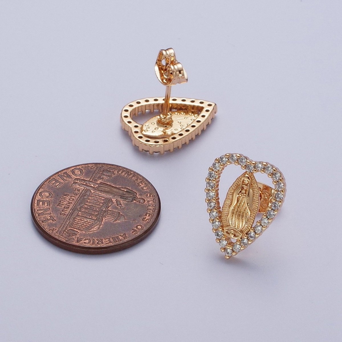 18K Gold Micro Paved Heart Outline Mother Virgin Mary Religious Stud Earrings | AE-1048 - DLUXCA