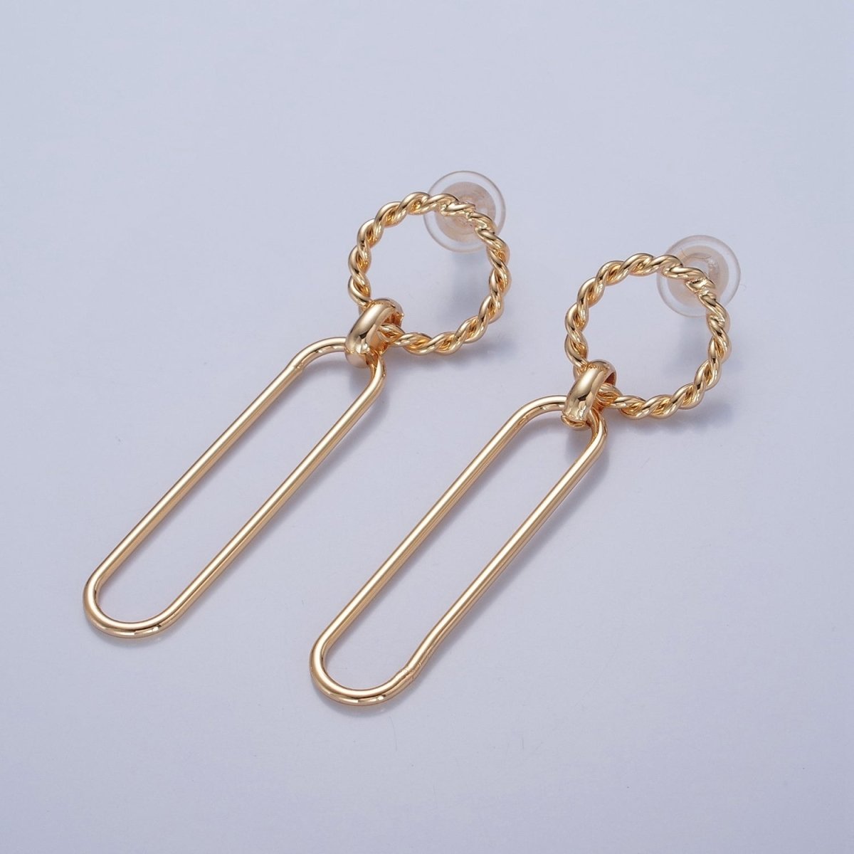 18K Gold Plated Oval Earrings, Geometric Drops, Twisted Round Lightweight Studs V-389 - DLUXCA