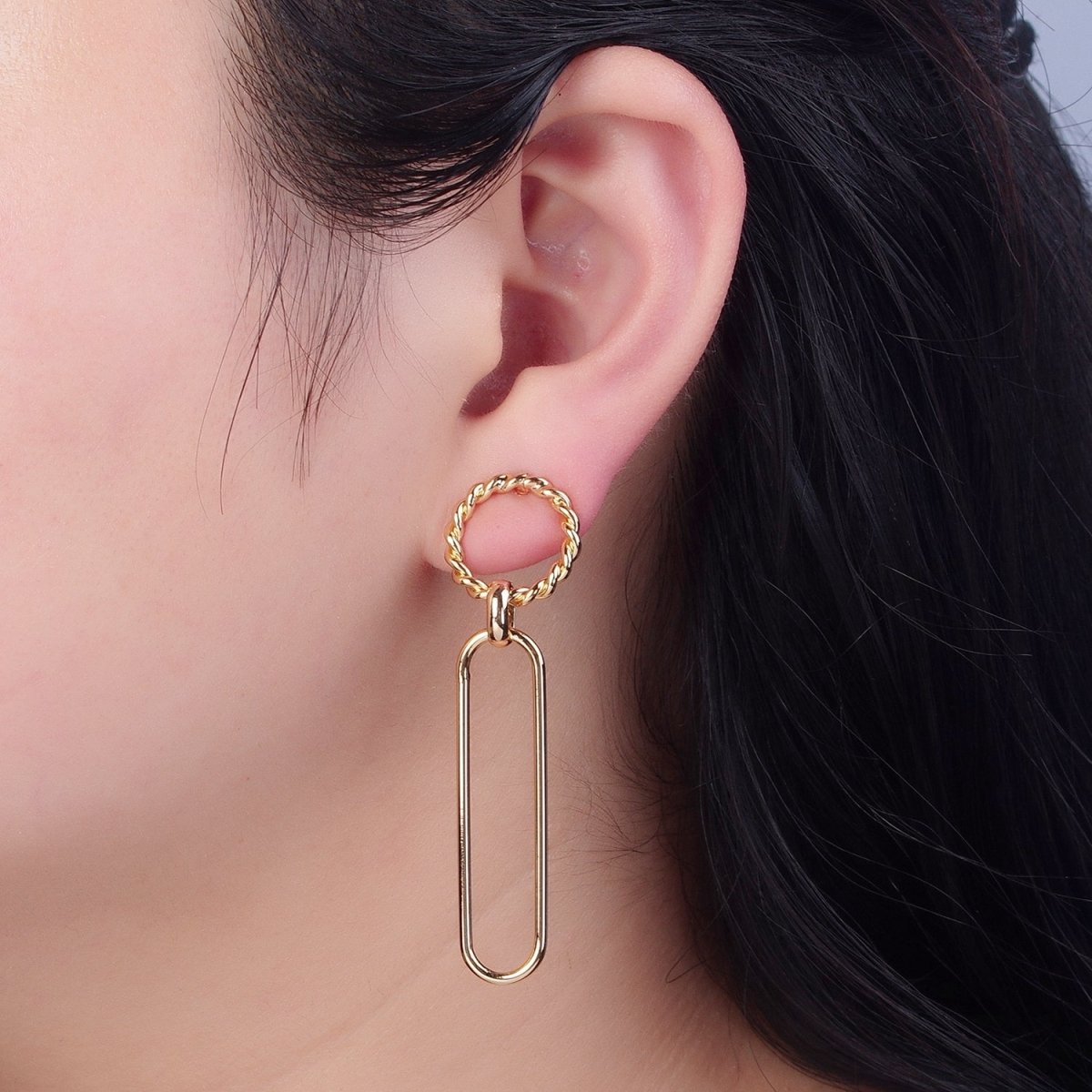 18K Gold Plated Oval Earrings, Geometric Drops, Twisted Round Lightweight Studs V-389 - DLUXCA