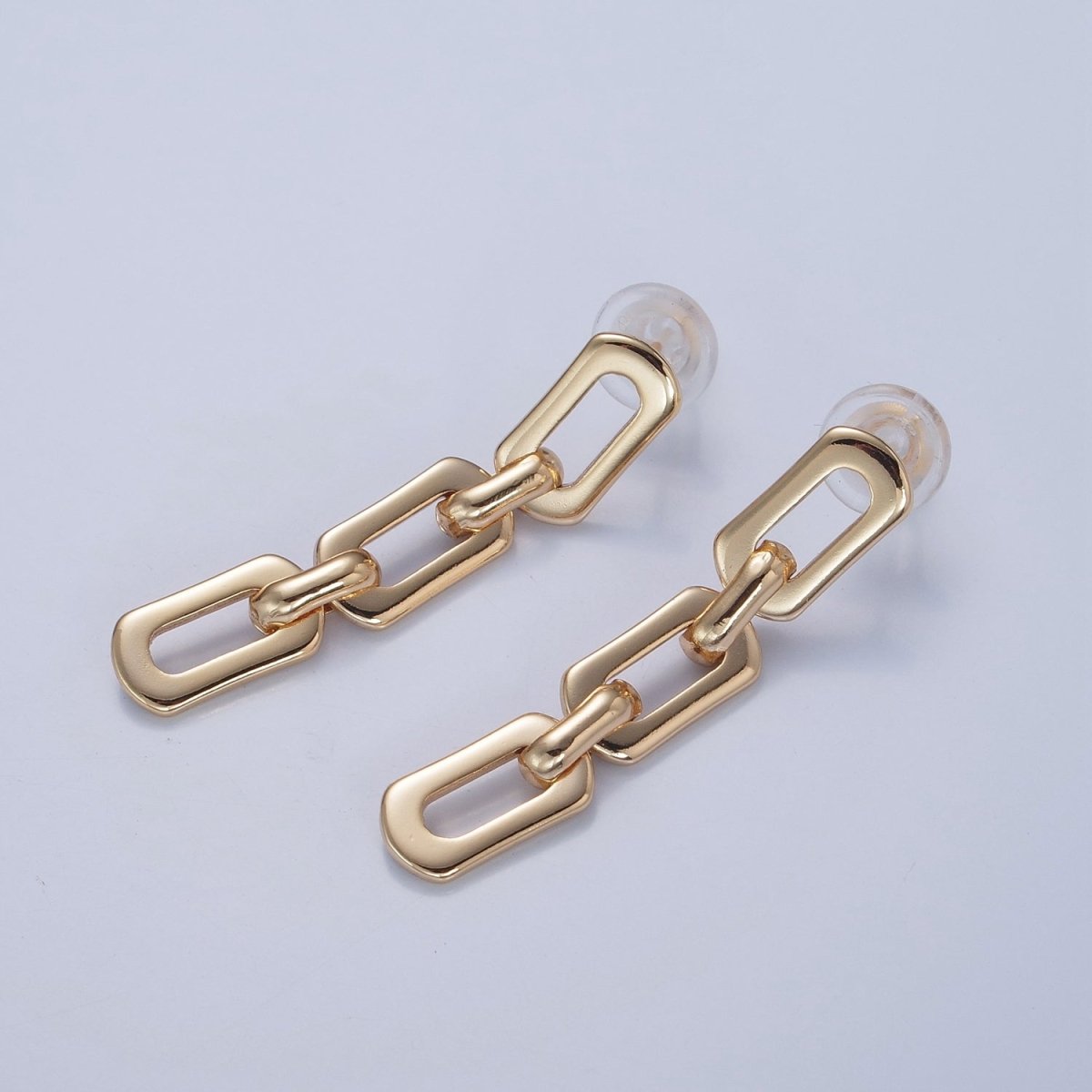 18K Gold Plated Shiny Paper Clip Link Chain Post Dangle Drop Earrings NEW Modern Trendy V-390 - DLUXCA