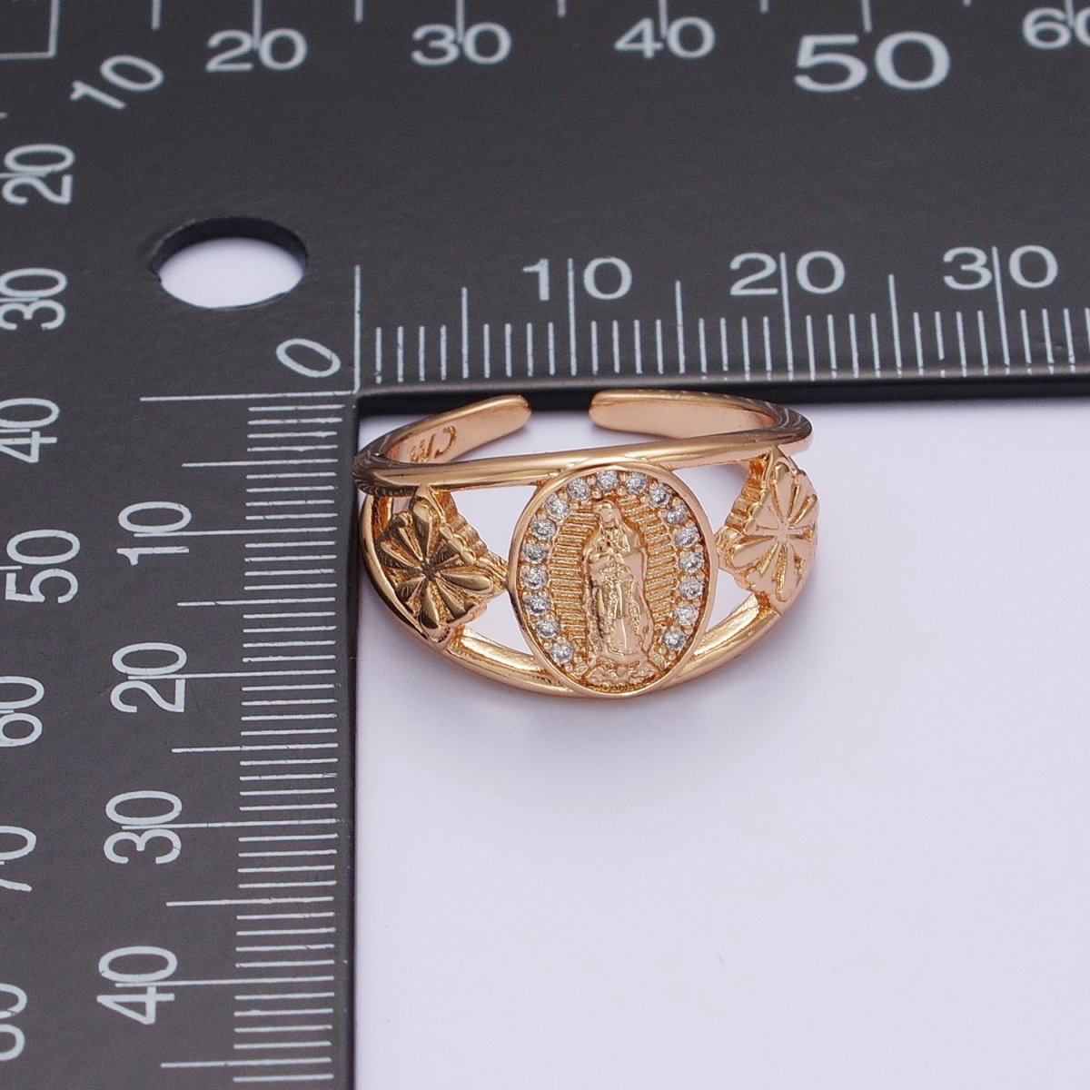 18K Gold Religious Micro Paved CZ Mother Virgin Mary Flowers Wide Ring | O-1993 - DLUXCA