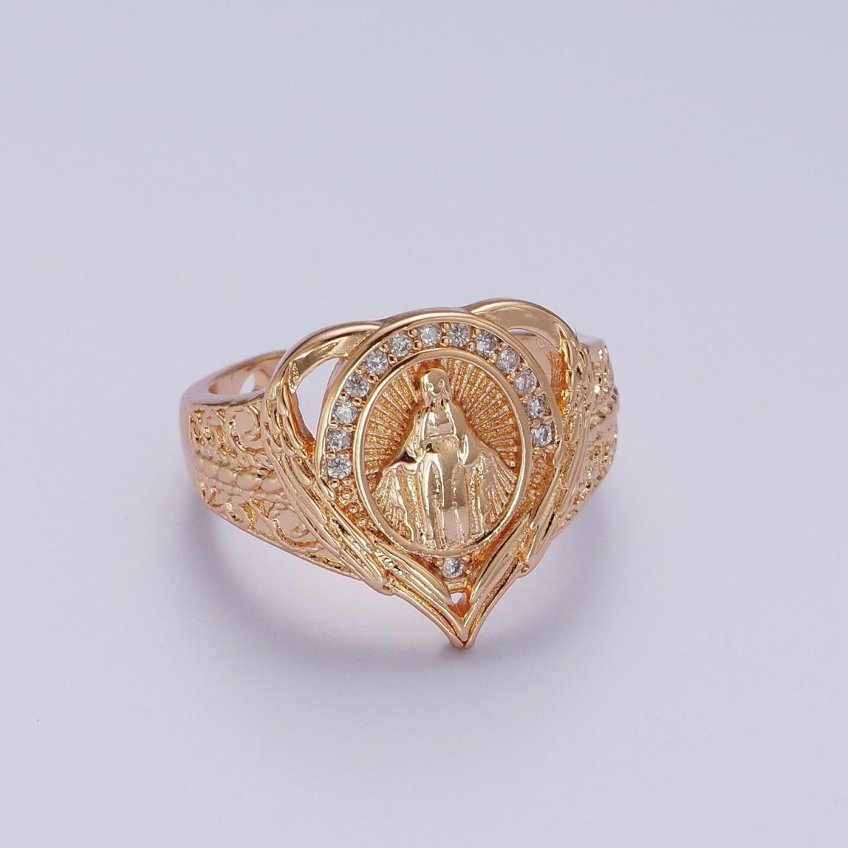 18K Gold Round Micro Paved CZ Lady Guadalupe Engraved Band Heart Ring | O-1992 - DLUXCA