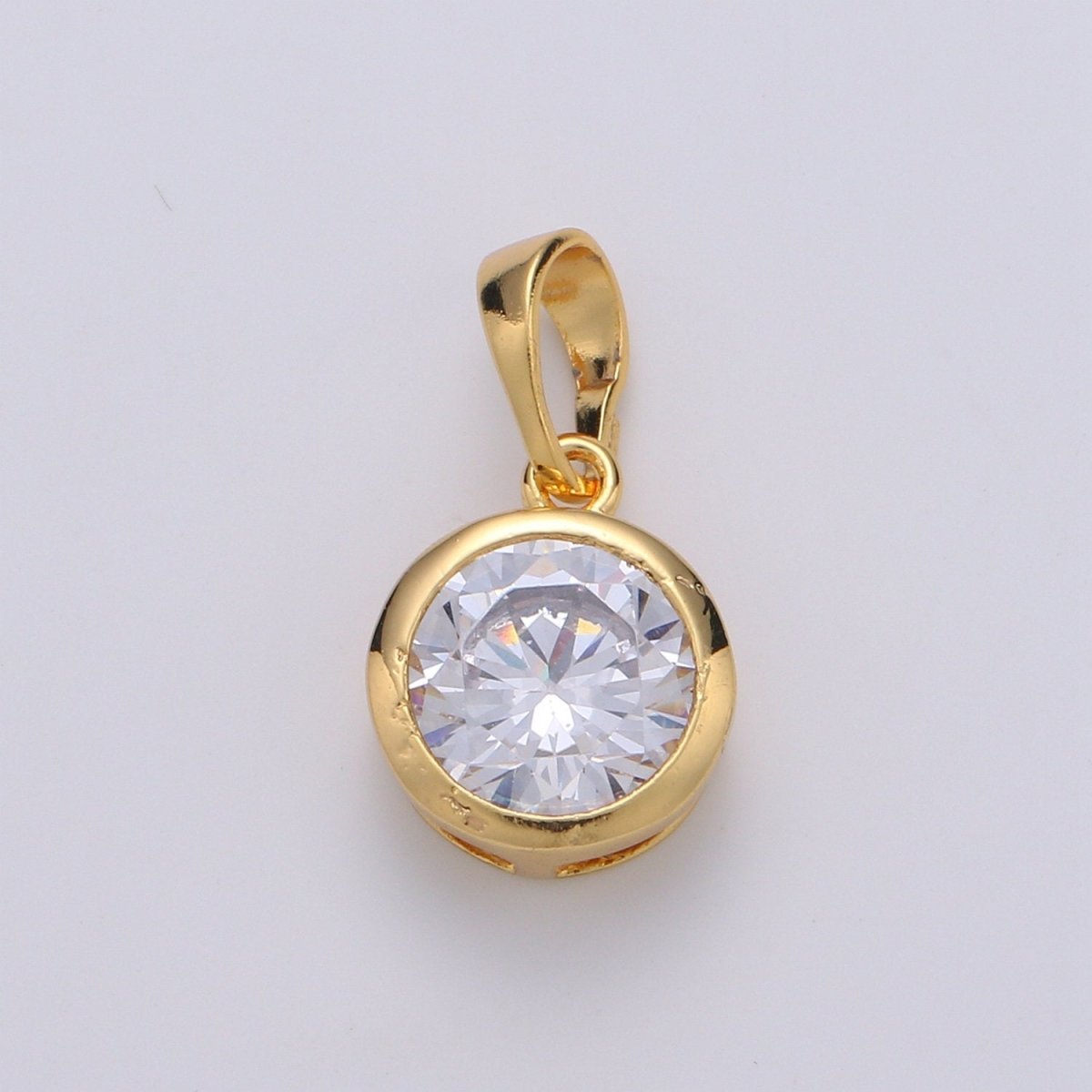 18X10mm Solitaire Pendant 24k Gold Filled Round Cut Pendant for necklace April Birthstone, Clear Cubic Zirconia Round Charm J-075 - DLUXCA