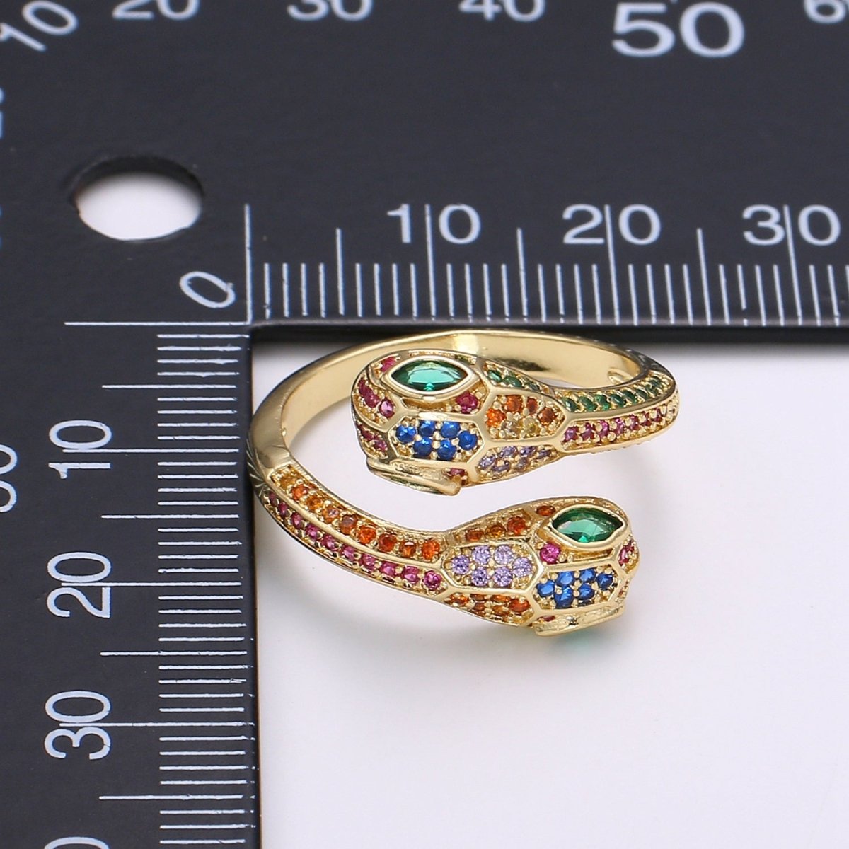 1pc 24k Gold CZ Pave Double Head Snake Ring, Adjustable Gold