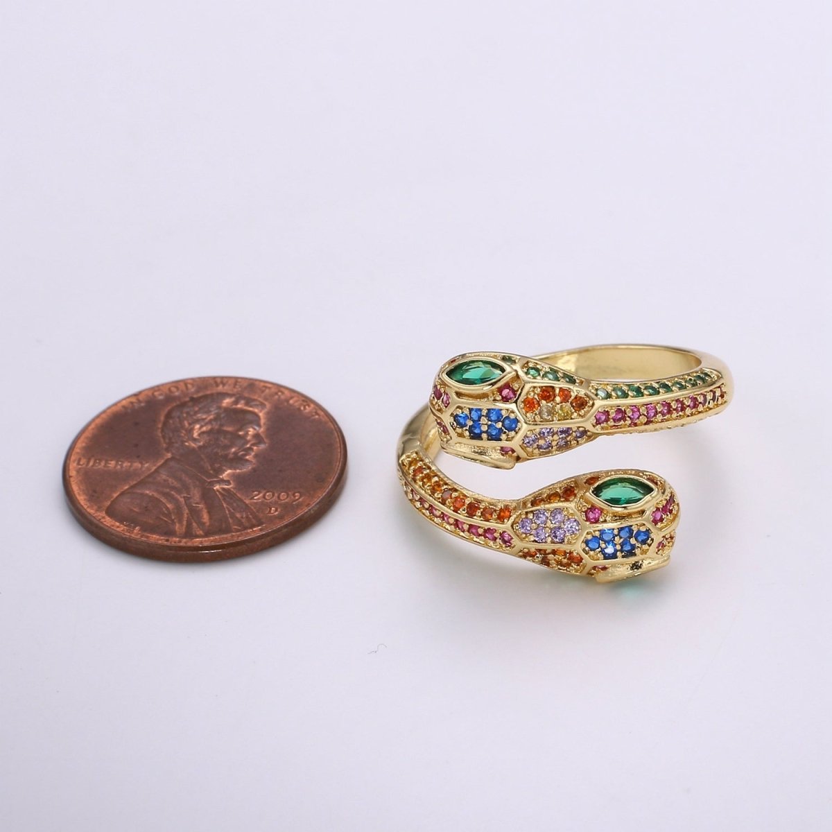 1pc 24k Gold CZ Pave Double Head Snake Ring, Adjustable Gold Snake Ring, Two Heads Serpent Animal Ring, Multi color Stone DIY Jewelry R313 - DLUXCA