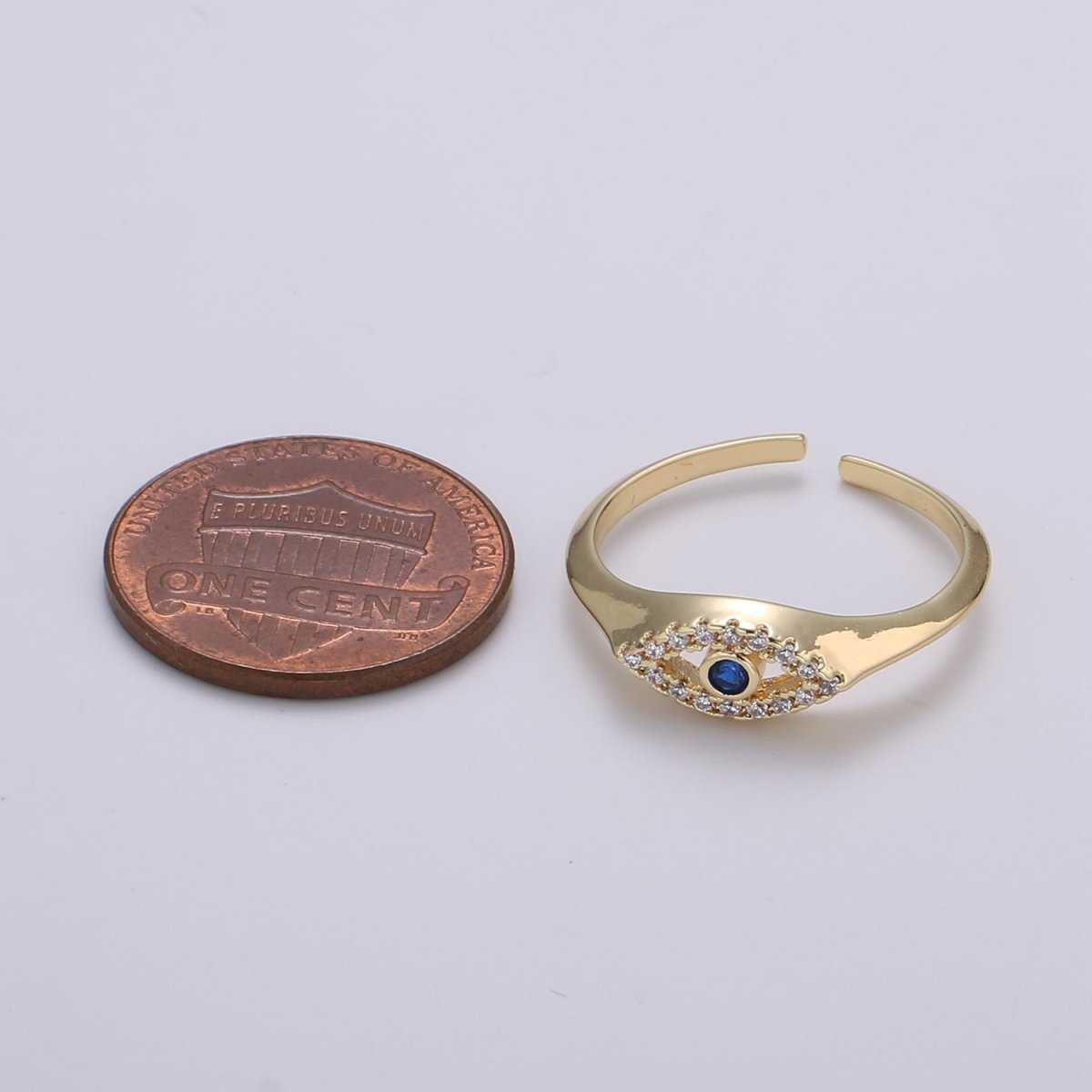 1pc Blue Solitaire CZ 14K Gold Ring, Evil Eye Adjustable Gold Open Ring, Simple Ring, Clear Cubic Zirconia Ring- R-491 - DLUXCA