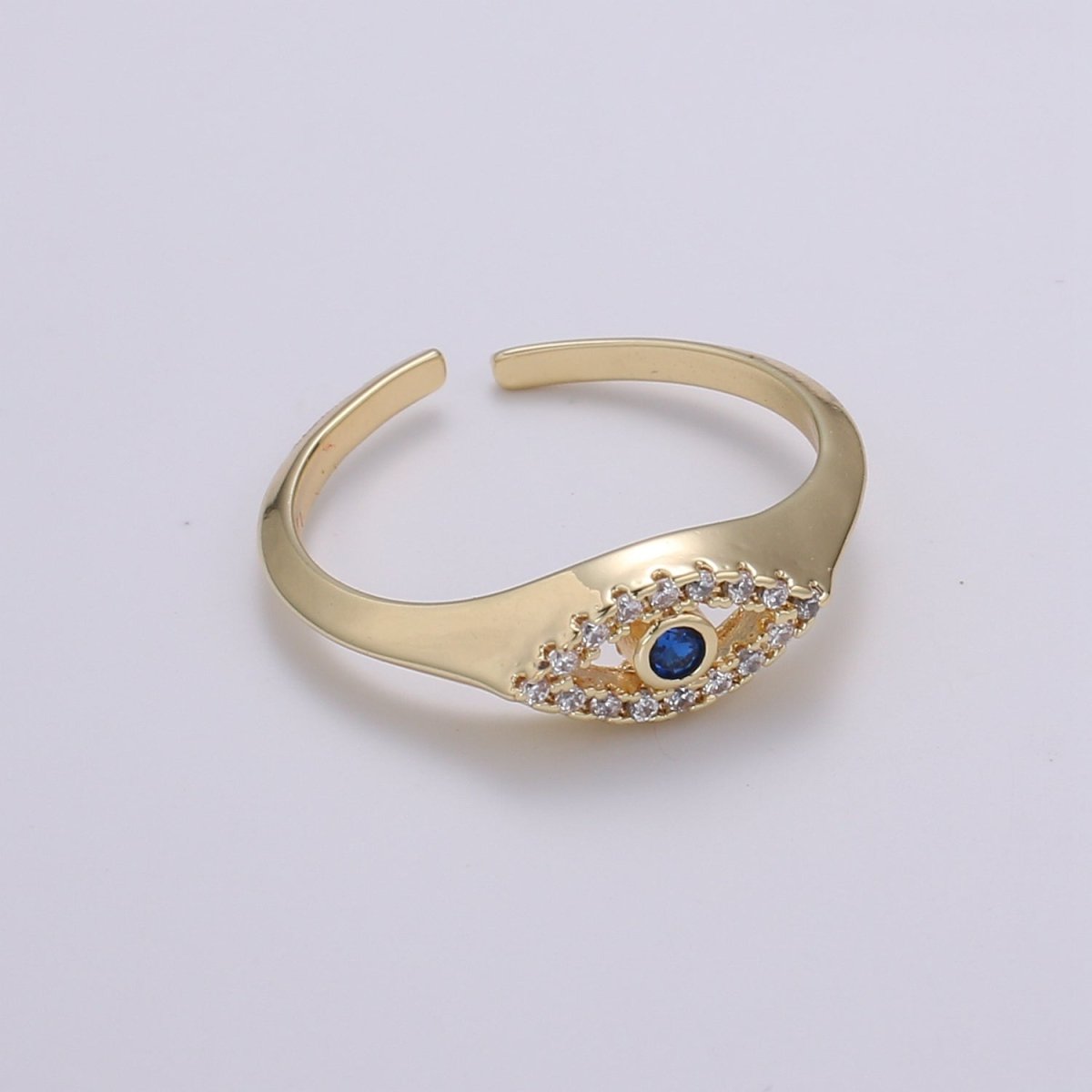 1pc Blue Solitaire CZ 14K Gold Ring, Evil Eye Adjustable Gold Open Ring, Simple Ring, Clear Cubic Zirconia Ring- R-491 - DLUXCA