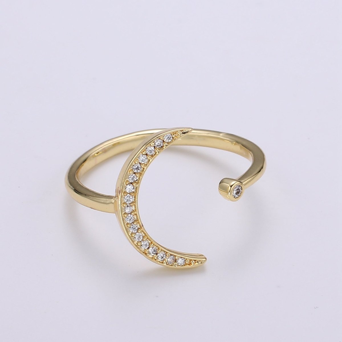 1pc Cresent Moon Star CZ Gold Ring, Moon Cubic Pave Adjustable Gold Curb Ring, Simple Ring, Clear Cubic Zirconia R315 - DLUXCA
