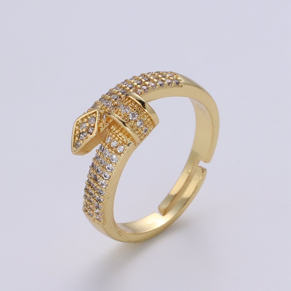 1pc CZ Pave Spiral 24K Ring, Diamond Cut Buckle Cubic Adjustable Gold Curb Ring, Simple Overlap Ring, Clear Cubic Zirconia R537 - DLUXCA