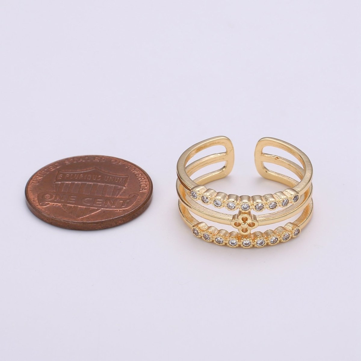 1pc Daisy Pave 18k Gold Ring, Adjustable Gold Curb Ring, Simple double rows of Flower Ring, Bouquet Sun Flower R308 - DLUXCA
