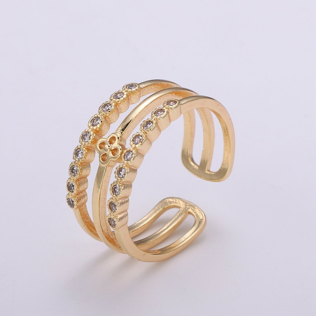 1pc Daisy Pave 18k Gold Ring, Adjustable Gold Curb Ring, Simple double rows of Flower Ring, Bouquet Sun Flower R308 - DLUXCA