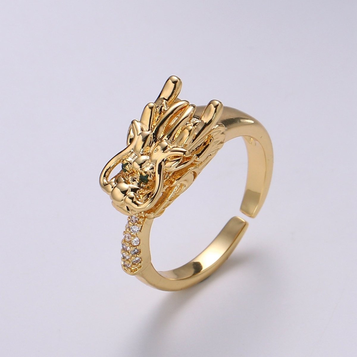 1pc Dragon Ring CZ Pave 24K Gold Ring, Animal Adjustable Gold Curb Ring, Bold Asian Dragon Ring, R-434 - DLUXCA