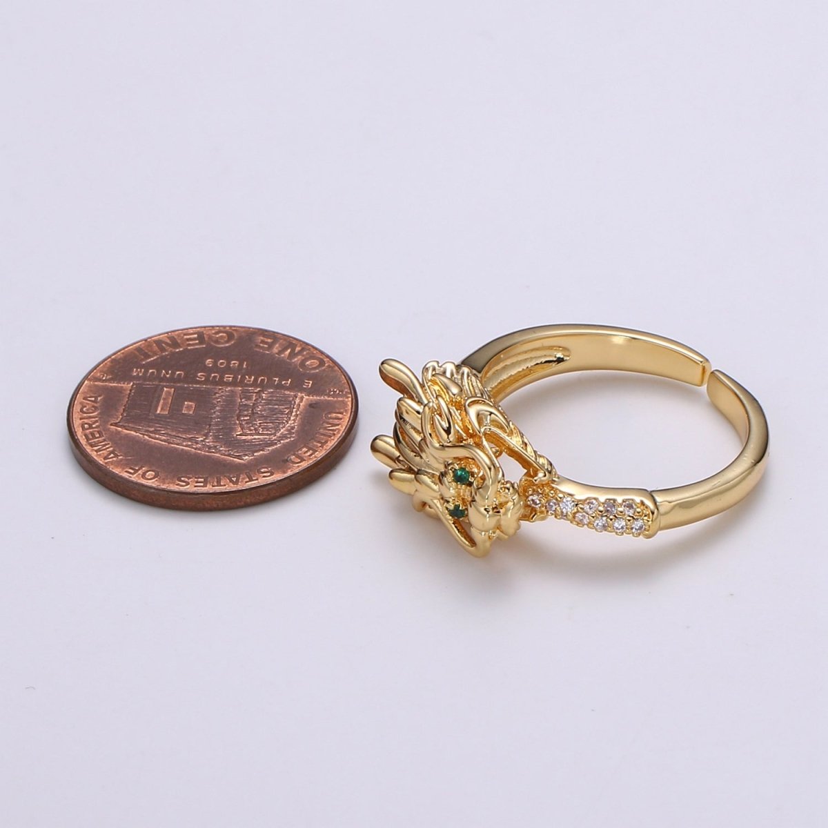 1pc Dragon Ring CZ Pave 24K Gold Ring, Animal Adjustable Gold Curb Ring, Bold Asian Dragon Ring, R-434 - DLUXCA