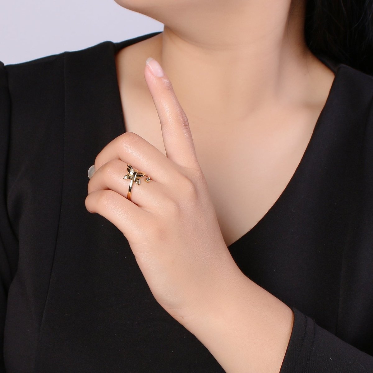 1pc Flying Butterfly 24K Ring, Adjustable Gold Curb Ring, Simple Mariposa Ring, Garden lover Ring, Bow Ring R530 - DLUXCA