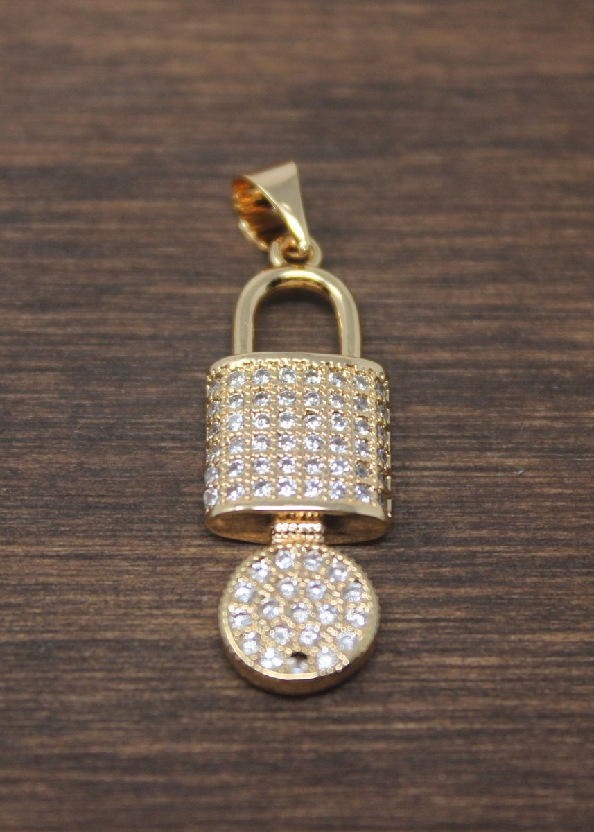 1pc Gold Key and Padlock, Lock, Love Lock, Key to Heart, DIY Cubic Zirconia Necklace Pendant Charm Bead Bails Findings for Jewelry Making, PDGF-956/I-20 - DLUXCA