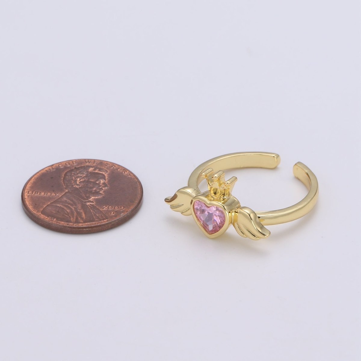 1pc Heart Solitaire CZ 24K Gold Ring, Angel Adjustable Gold Curb Ring, Simple Ring, Wings, Red & Pink Cubic Zirconia R-310, R-311 - DLUXCA