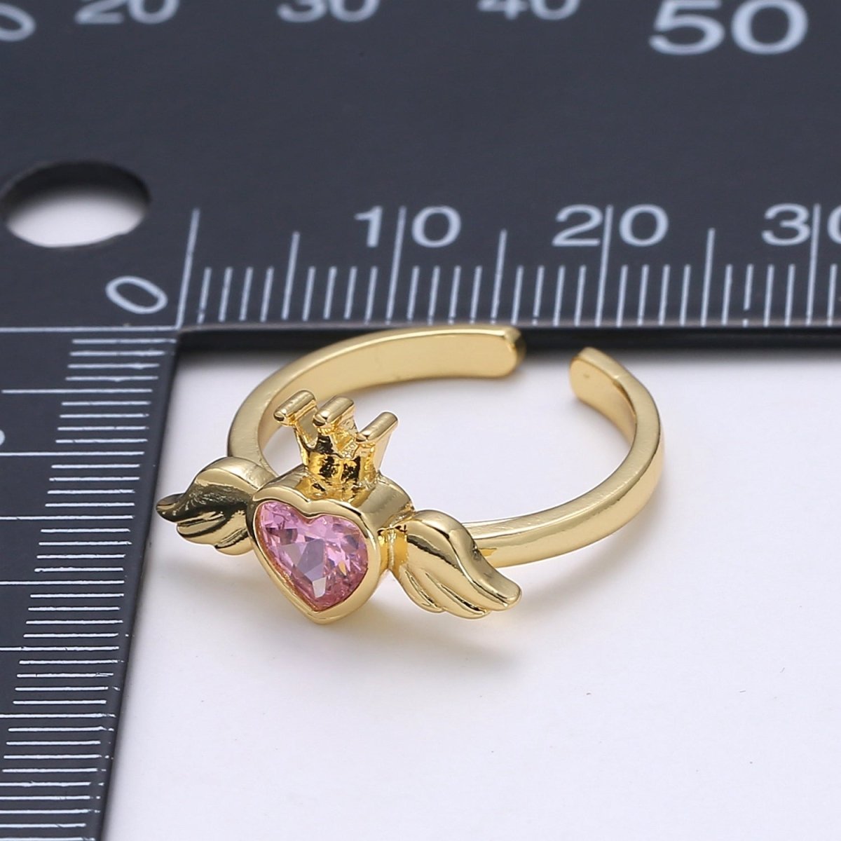1pc Heart Solitaire CZ 24K Gold Ring, Angel Adjustable Gold Curb Ring, Simple Ring, Wings, Red & Pink Cubic Zirconia R-310, R-311 - DLUXCA