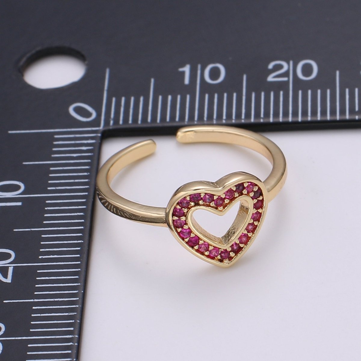 1pc Red Ruby CZ Love 18k Gold Ring, Heart Cubic Adjustable Gold Curb Ring, Simple Ring, Clear Cubic Zirconia R307 - DLUXCA