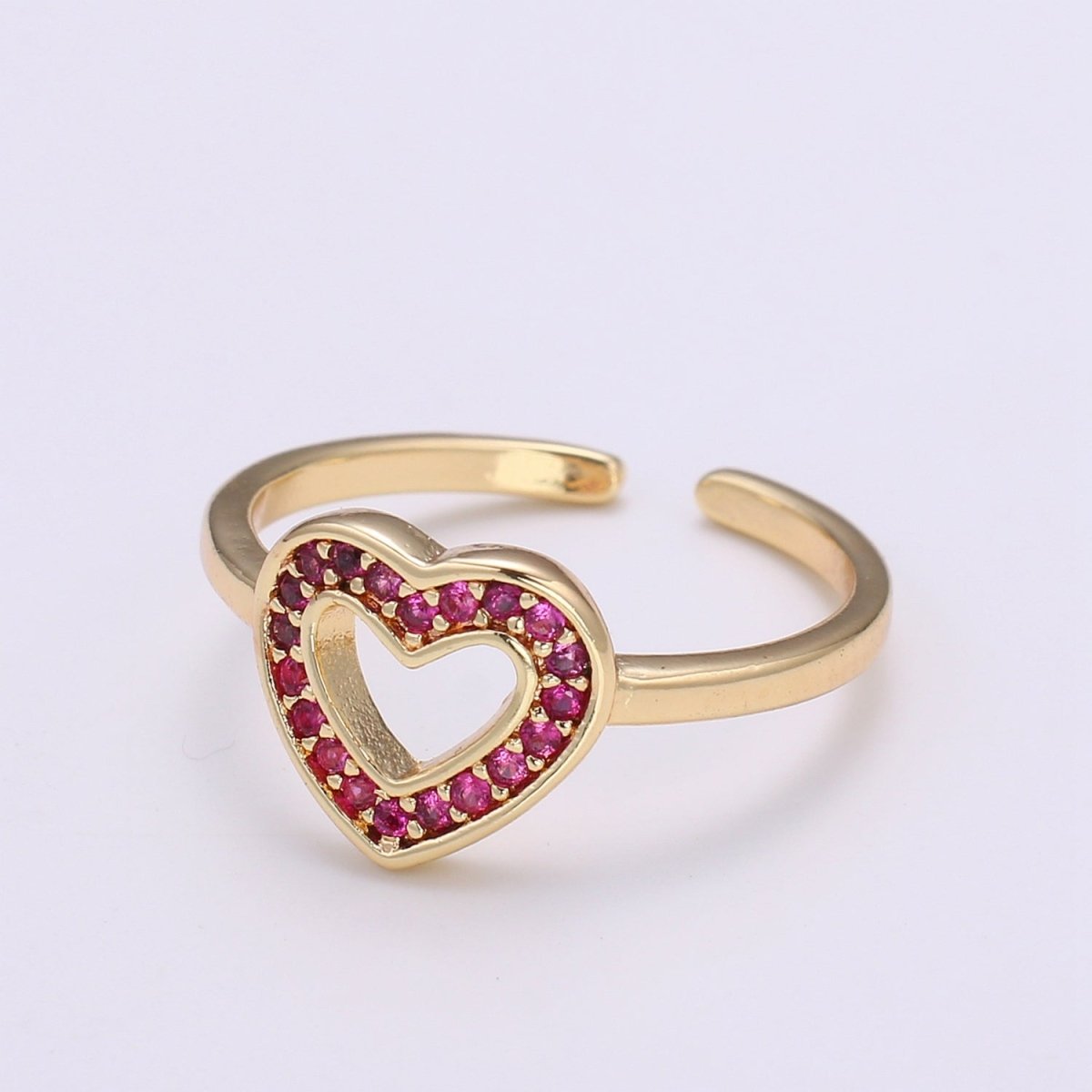 1pc Red Ruby CZ Love 18k Gold Ring, Heart Cubic Adjustable Gold Curb Ring, Simple Ring, Clear Cubic Zirconia R307 - DLUXCA