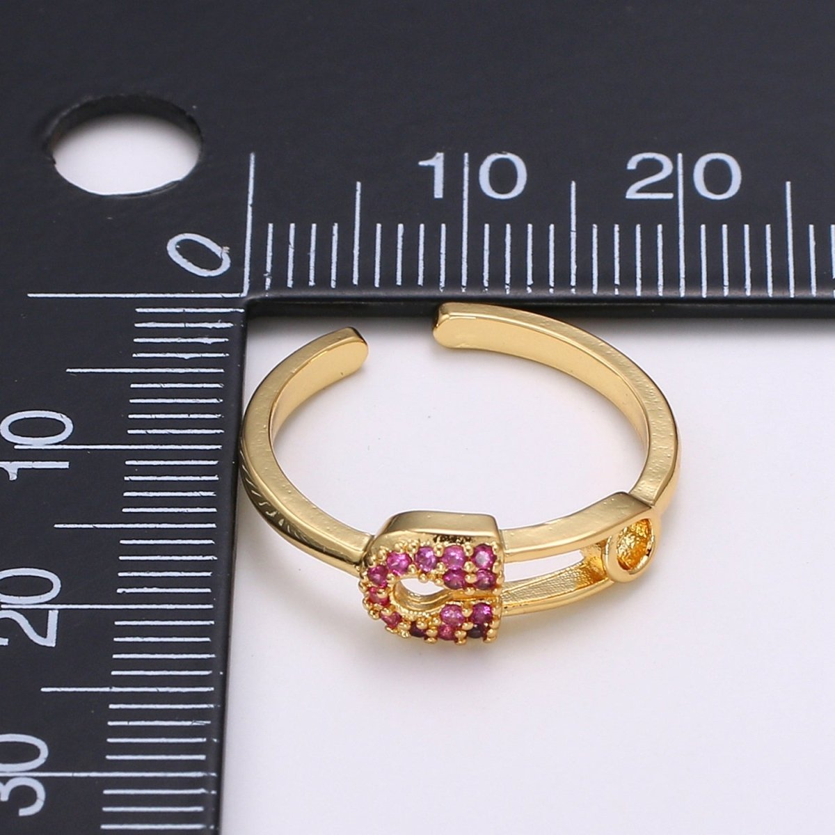 1pc Red Ruby CZ Pin 24k Gold Ring, Safety Pin Cubic Adjustable Gold Curb Ring, Simple Ring, Red Cubic Zirconia R312 - DLUXCA