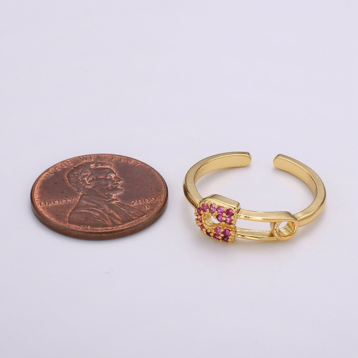 1pc Red Ruby CZ Pin 24k Gold Ring, Safety Pin Cubic Adjustable Gold Curb Ring, Simple Ring, Red Cubic Zirconia R312 - DLUXCA