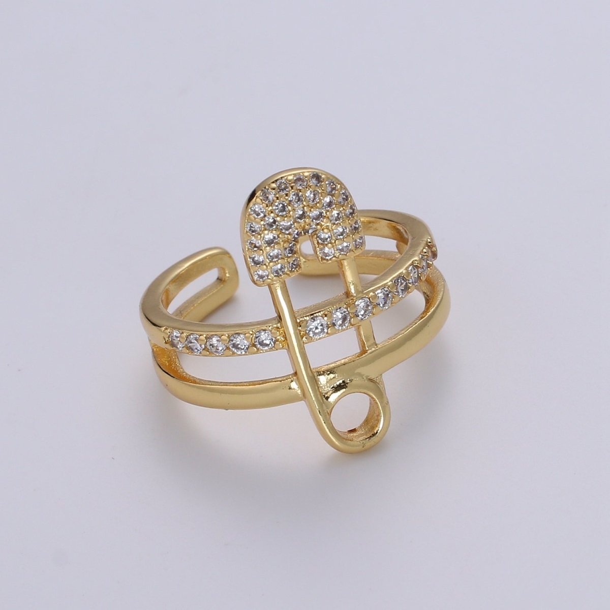 1pc Safety Pin Pave CZ 24K Gold Plated Ring, Cubic Adjustable Gold Curb Ring, Simple Ring, Clear Cubic Zirconia R525 - DLUXCA