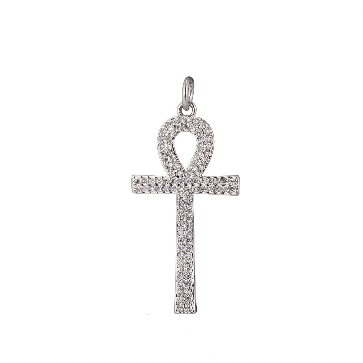 1pc Silver Ankh, Crux Ansata, Cubic Zirconia Pendant Charm C-037 - DLUXCA