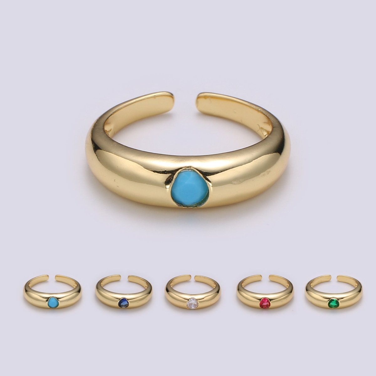 1pc Solitaire Blue, Clear, Red, Green & Teal CZ 24K Gold Ring, Cubic Adjustable Gold Band Ring, Simple Ring, Cubic Zirconia R450 - DLUXCA