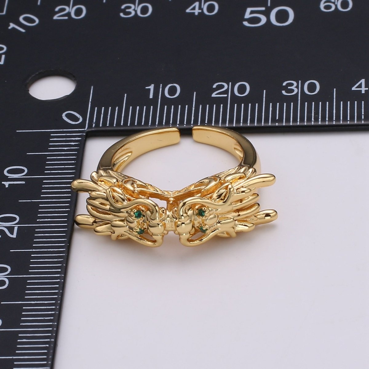 1pc Twin Dragon CZ Pave 24K Gold Ring, Green Eye Dragon Adjustable Gold Ring, Bold Animal Ring, R-435 - DLUXCA