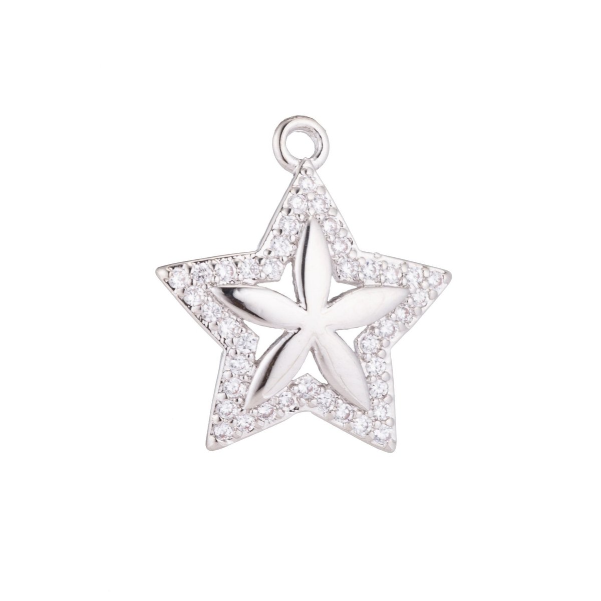 1pc White Gold Filled Cute Dainty Star, Floating Stars, Ladies, Cubic Zirconia Bracelet Charm, Necklace Pendant, Findings for Jewelry Making, C205 - DLUXCA
