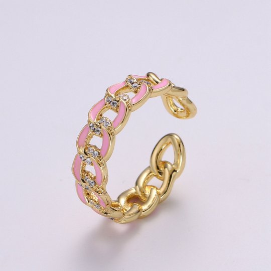 1X CZ Colorful Enamel Rings Gold Curb Chain Statement Ring, Chunky Chain Ring, Stackable Open Adjustable Ring Pink White black Green Yellow - DLUXCA