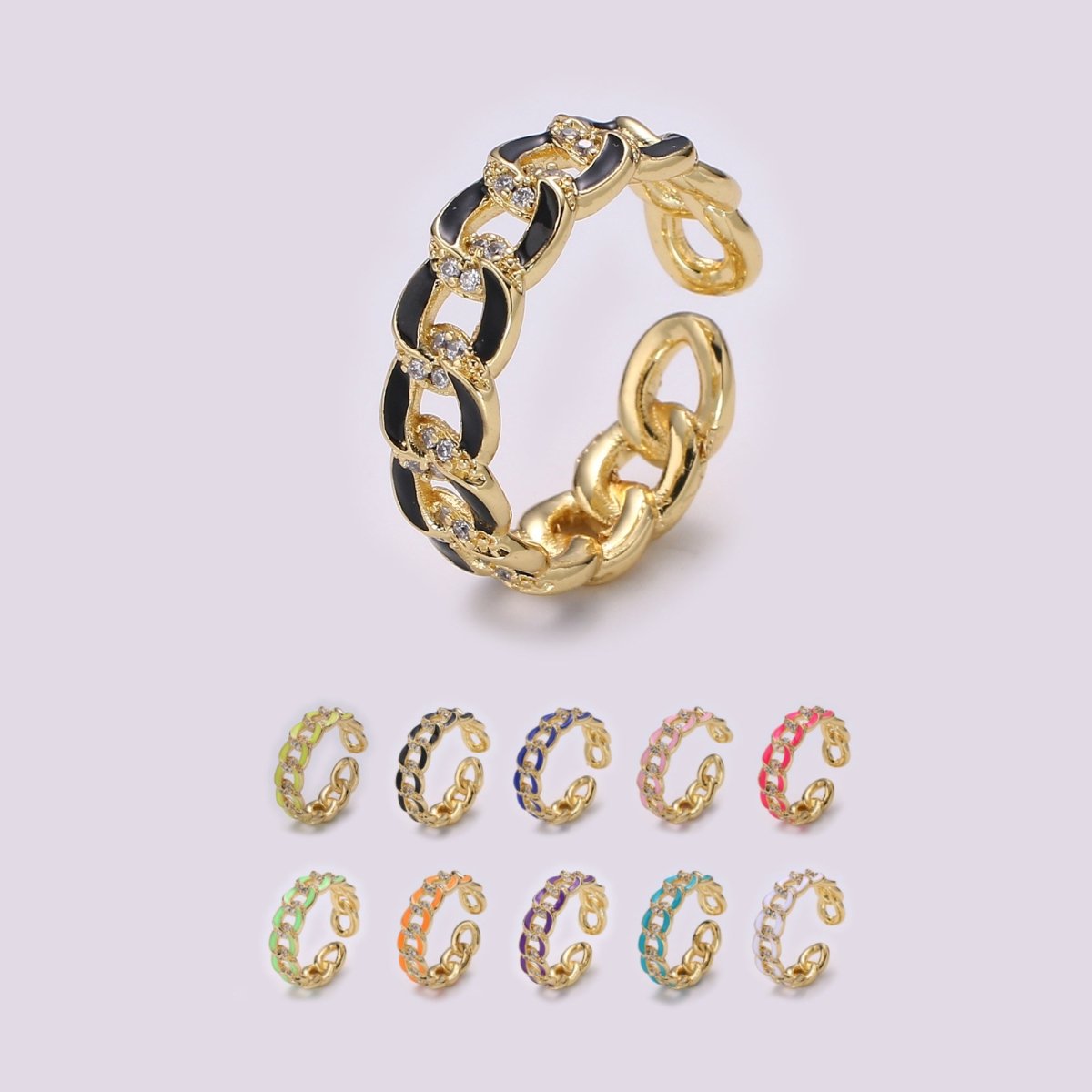 1X CZ Colorful Enamel Rings Gold Curb Chain Statement Ring, Chunky Chain Ring, Stackable Open Adjustable Ring Pink White black Green Yellow - DLUXCA
