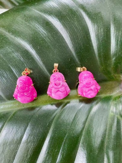 1x Dainty Pink Laughing Buddha, Gemstone Buddhism Deity Religious Bracelet Charm Bead Finding Pendant For Jewelry Making O-215 - DLUXCA