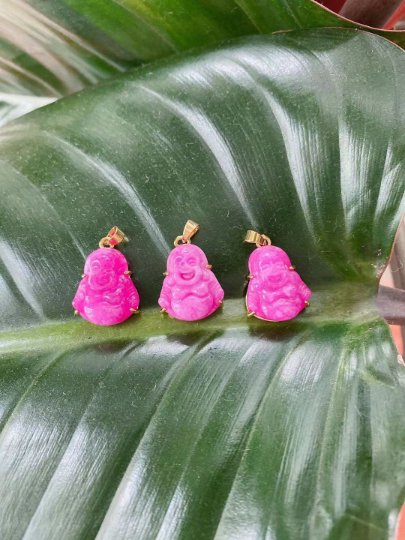 1x Dainty Pink Laughing Buddha, Gemstone Buddhism Deity Religious Bracelet Charm Bead Finding Pendant For Jewelry Making O-215 - DLUXCA