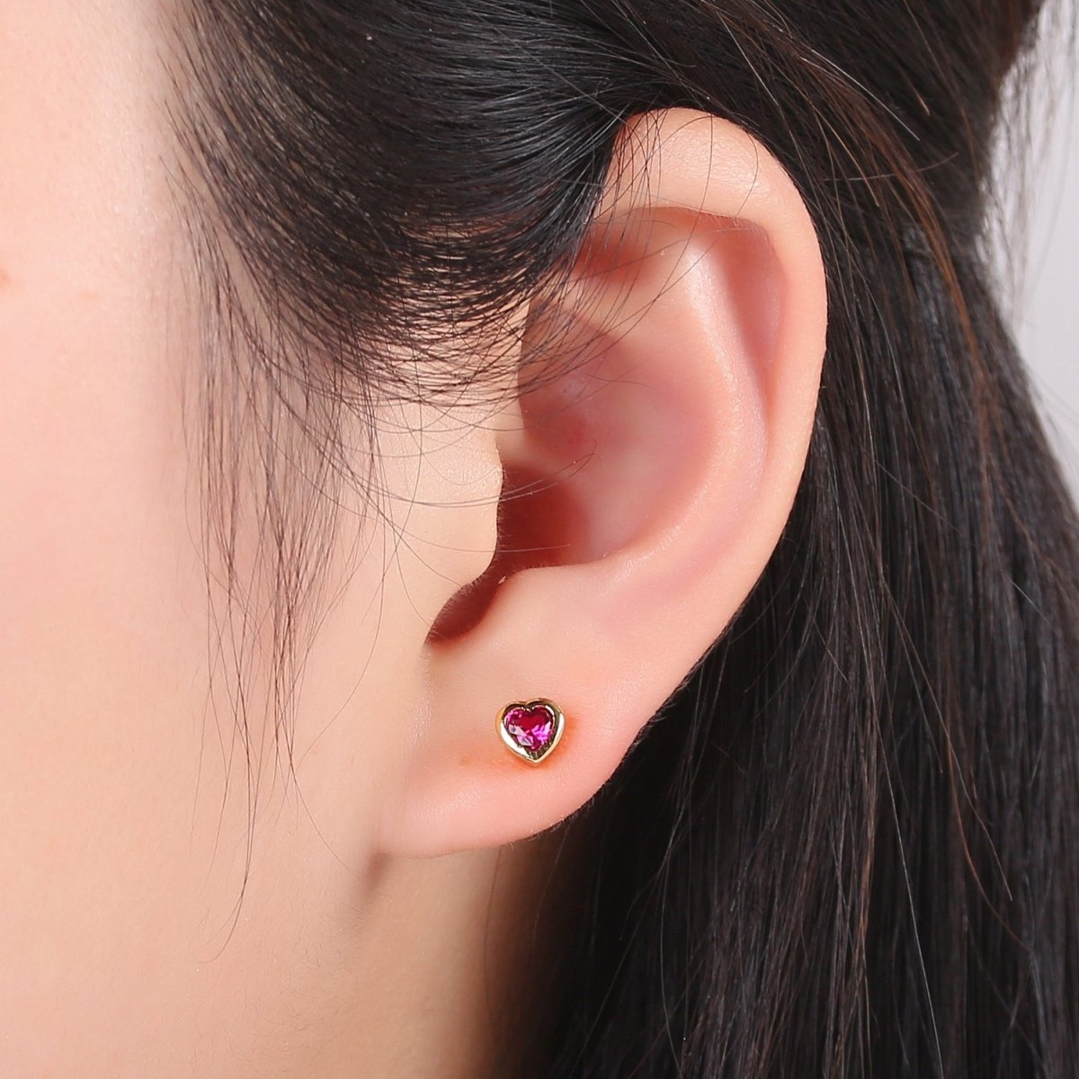 1x Tiny Heart CZ Plain Bezel Set Earrings, 14K gold earring, tiny studs, minimal earring, gold cz stud earring Q-430 Q-431 Q-432 - DLUXCA
