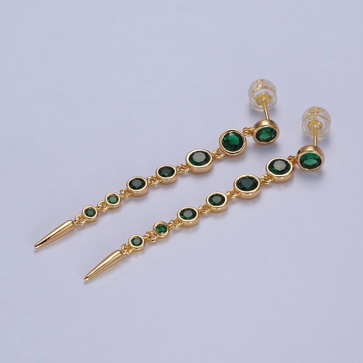 2 Inches Round Green, Clear CZ Spike Long Linear Drop Earrings in Gold & Silver | AB168 AB169 AB171 - DLUXCA