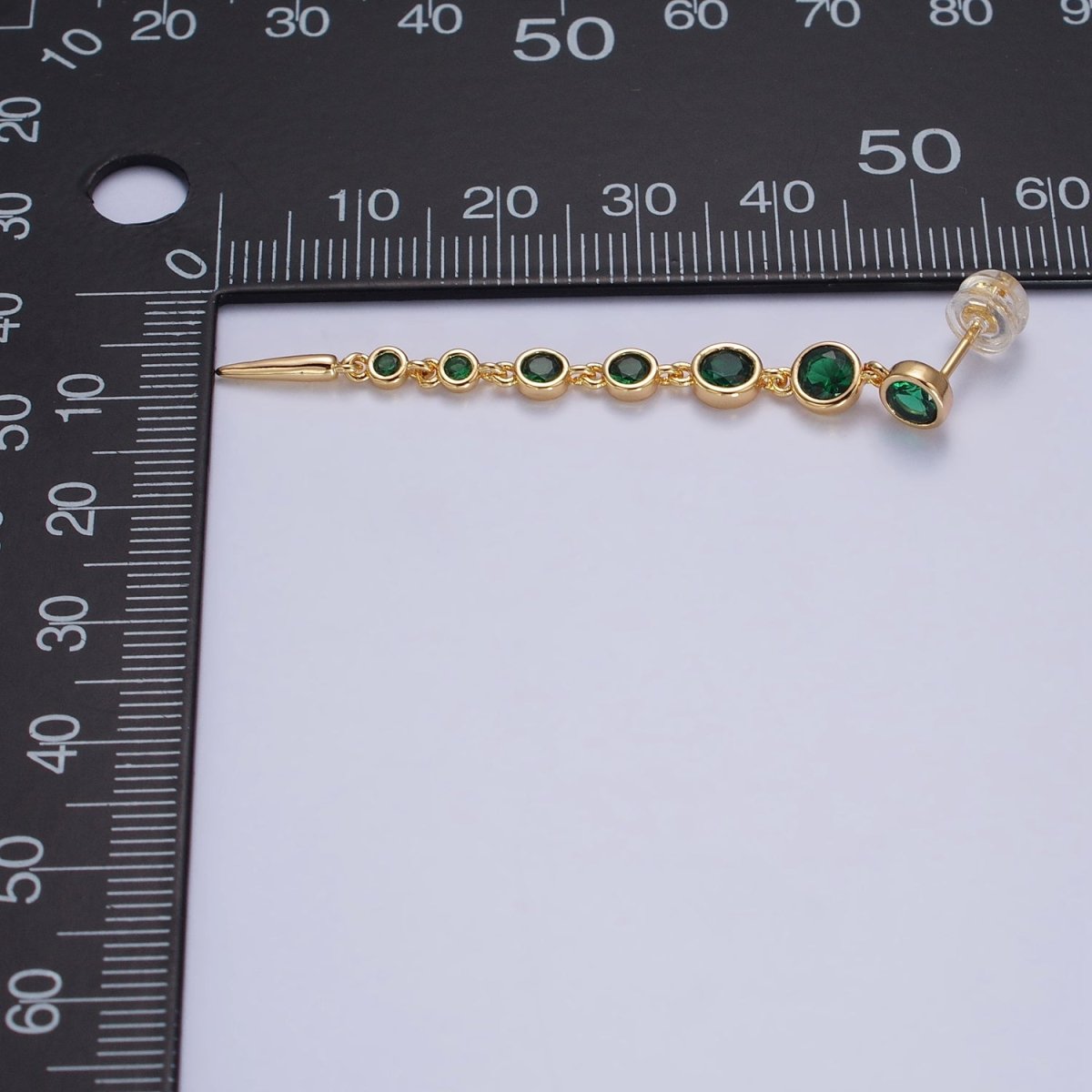 2 Inches Round Green, Clear CZ Spike Long Linear Drop Earrings in Gold & Silver | AB168 AB169 AB171 - DLUXCA