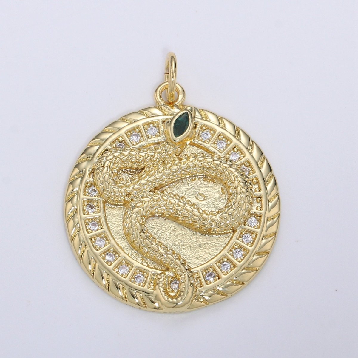 21mm 14k Gold Filled Snake Medallion CZ Pave Snake Charms, Green Eye Serpent Pendant, Micro Pave Snake Charm Coin Disc Snake Medallion D-225 - DLUXCA