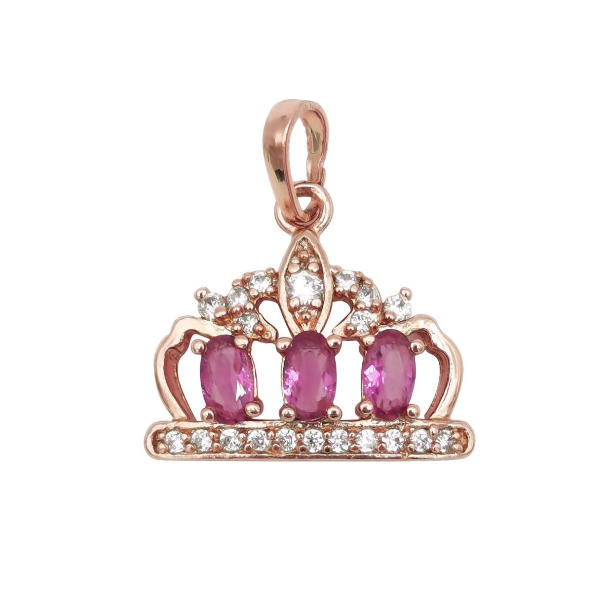 21X18mm Wholesale 18K Gold Filled Rose Gold Royal Crown Pendant with Pink Rhinestones, Queen Princess Tiara Pendant For Necklace Bracelet Anklet Making, Emerald Crown CZ Jewelry Component Supply J-176 - DLUXCA