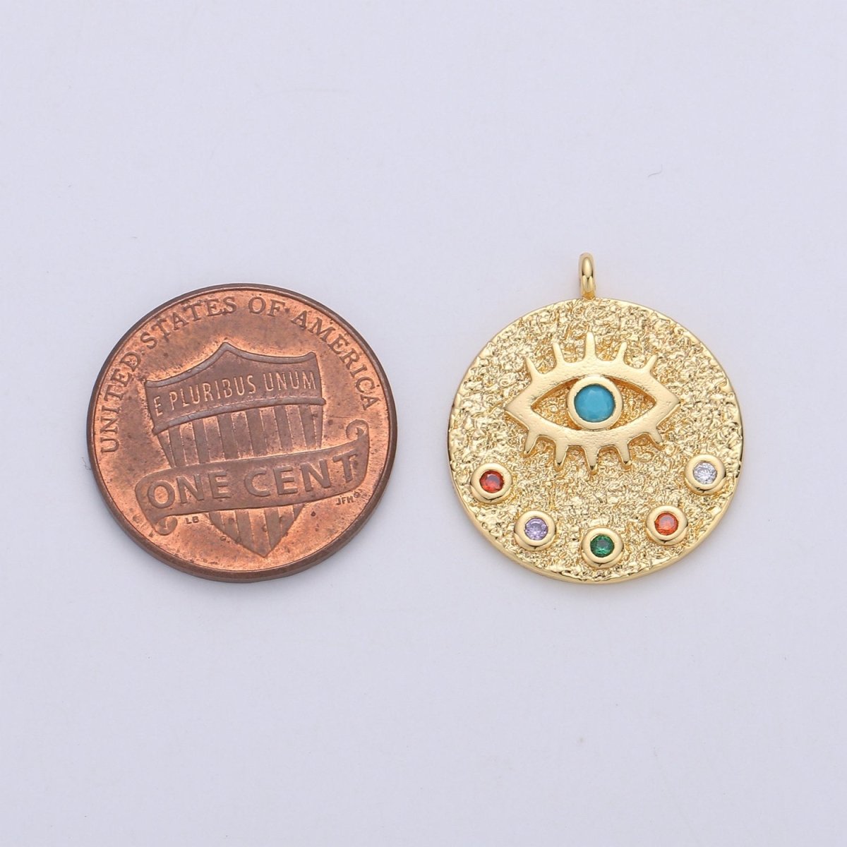 22mm Evil Eye Circle Disc Charm - 14k gold Filled protection eye of Ra round pendant Cubic Eye Charm for Necklace Component C-860 - DLUXCA