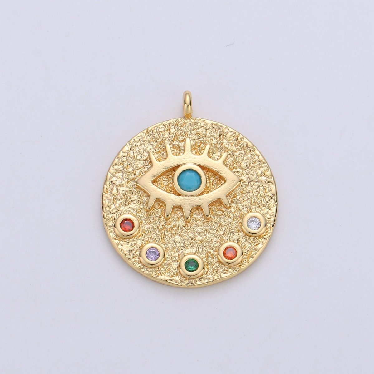 22mm Evil Eye Circle Disc Charm - 14k gold Filled protection eye of Ra round pendant Cubic Eye Charm for Necklace Component C-860 - DLUXCA