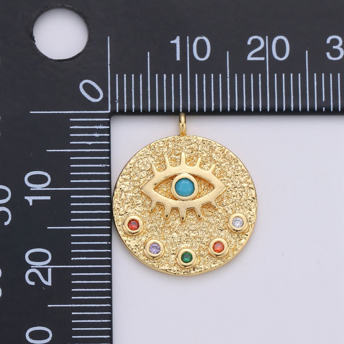 22mm Evil Eye Circle Disc Charm - 14k gold Filled protection eye of Ra round pendant Cubic Eye Charm for Necklace Component C-860 - DLUXCA